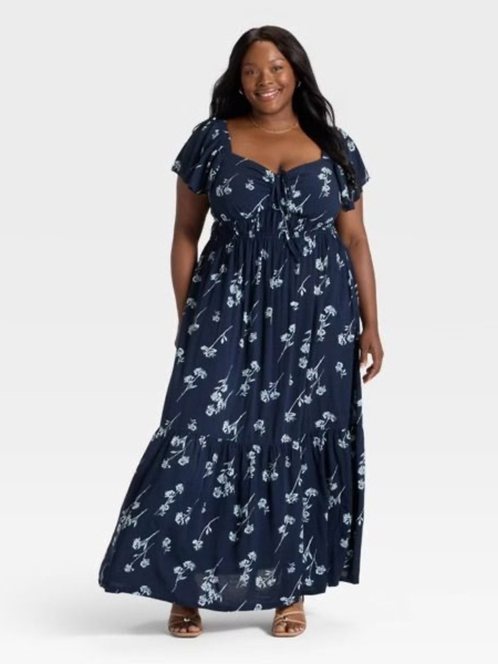 Ava & Viv Women's Flutter Short Sleeve Maxi Empire Waist Dress, 2X Navy Blue